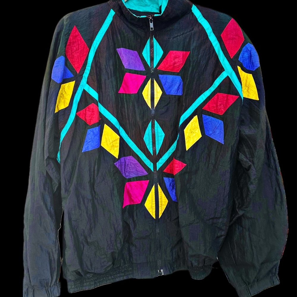 Vintage 80s Fine Line Black Windbreaker with multicolored motifs Jacket